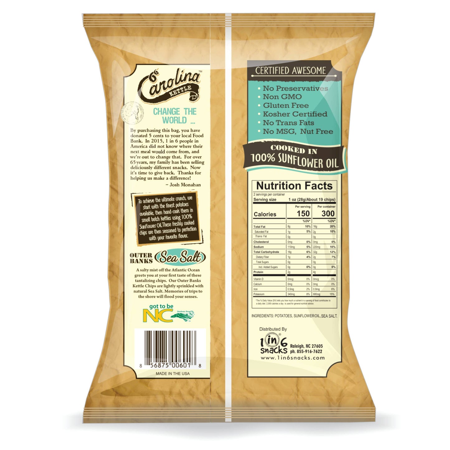Carolina Kettle Sea Salt Chips 2oz - 1 in 6 Snacks 1 in 6 Snacks- Carolina Kettle chips -better made easy-eco-friendly-sustainable-gifting