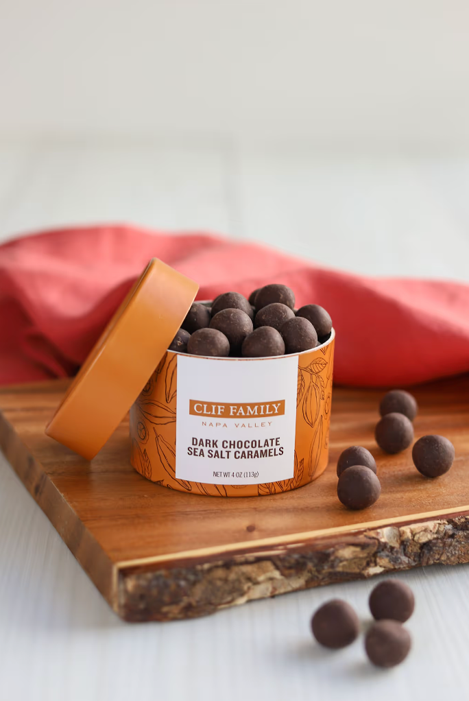 Organic Dark Chocolate Sea Salt Caramels  Clif Family Napa Valley, Certified B Corp Company   -better made easy-eco-friendly-sustainable-gifting