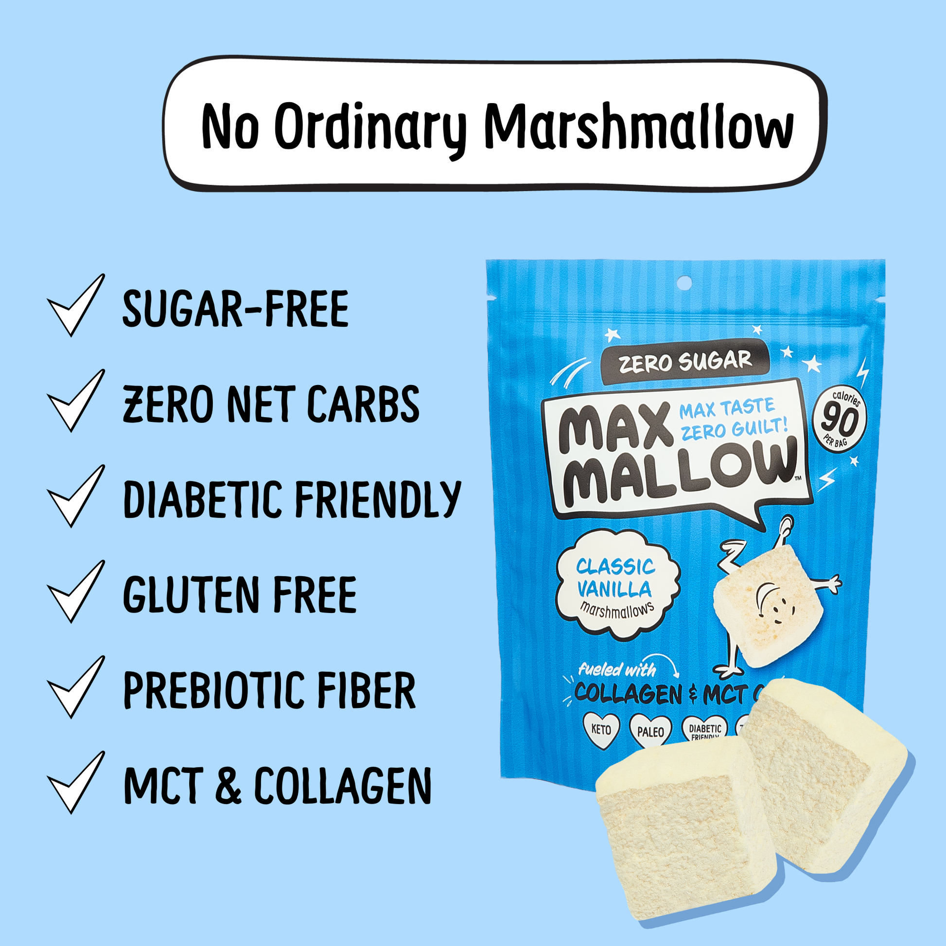 Max Sweets - Classic Vanilla Max Mallow  - Sugar Free Marshmallow  Max Sweets   -better made easy-eco-friendly-sustainable-gifting