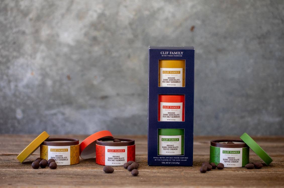 Clif Family Napa Valley Best Selling Dark Chocolate Indulgence Gift Set Trio  Clif Family Napa Valley, Certified B Corp Company   -better made easy-eco-friendly-sustainable-gifting