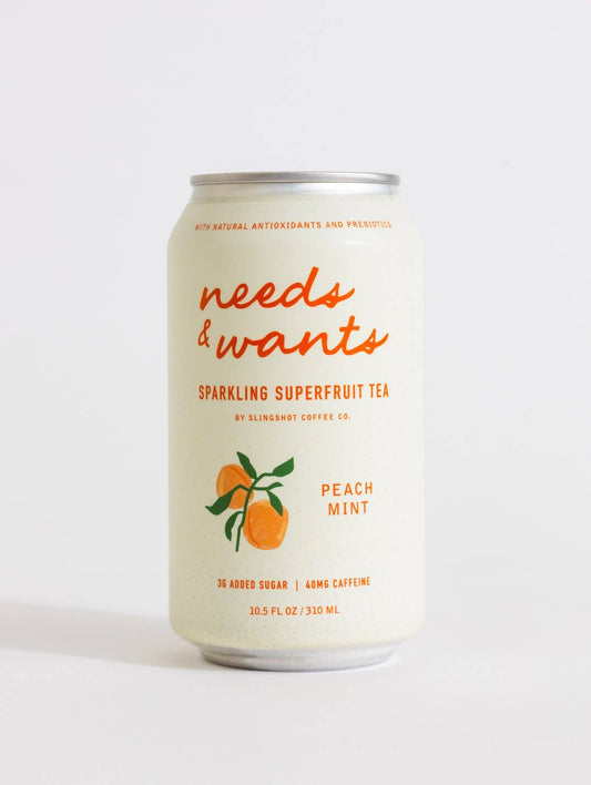 Needs & Wants Sparkling Superfruit Tea - Peach Mint  Slingshot Coffee Company   -better made easy-eco-friendly-sustainable-gifting