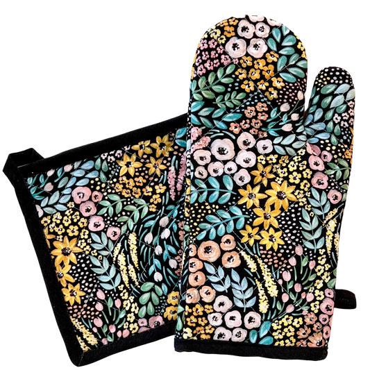 Elyse Breanne Design - Black Floral Oven Mitt + Pot Holder Set  Elyse Breanne Design   -better made easy-eco-friendly-sustainable-gifting